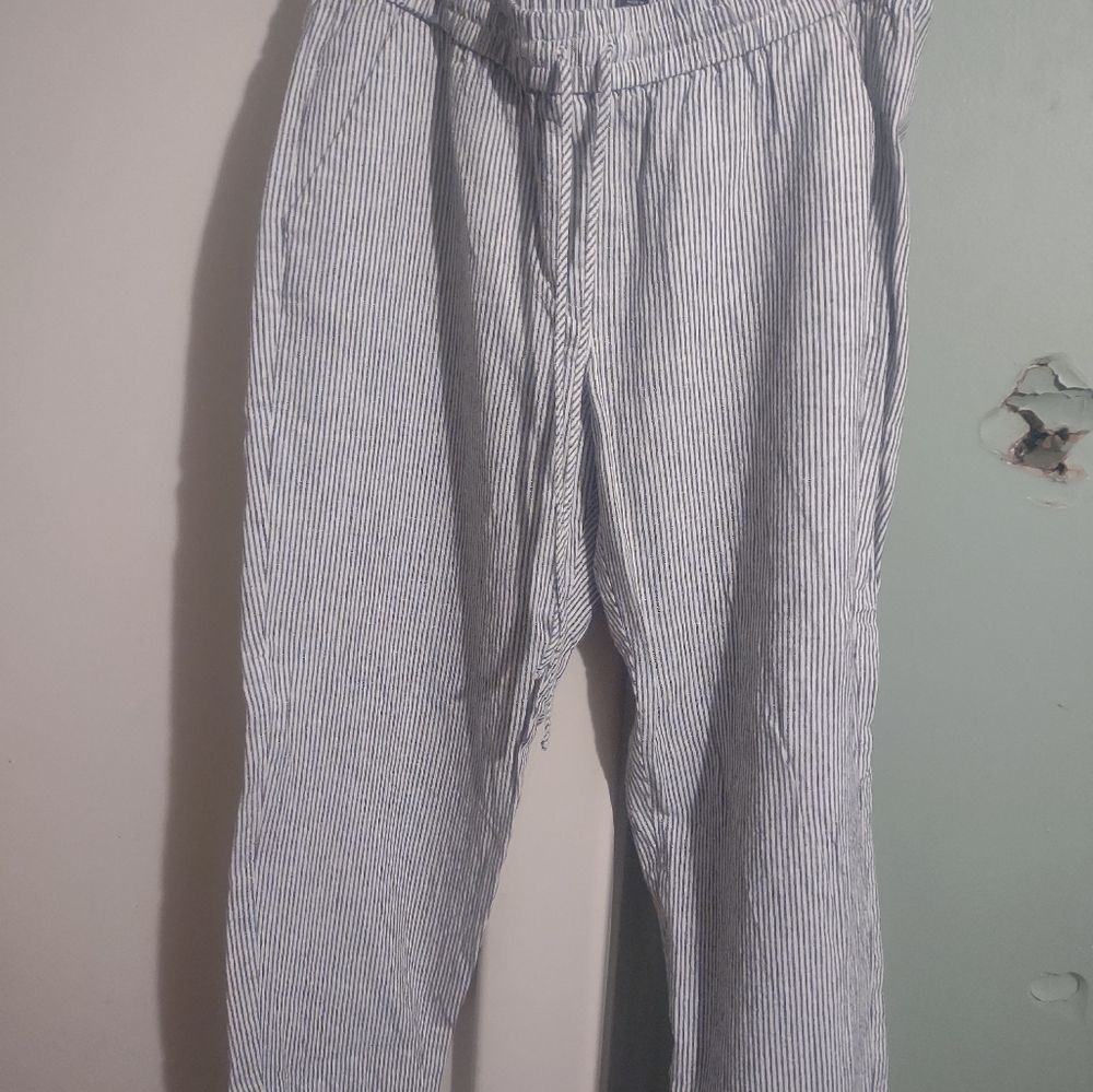 Woman's J.Crew Blue and White Striped Jumpsuit pants with drawstring size 10